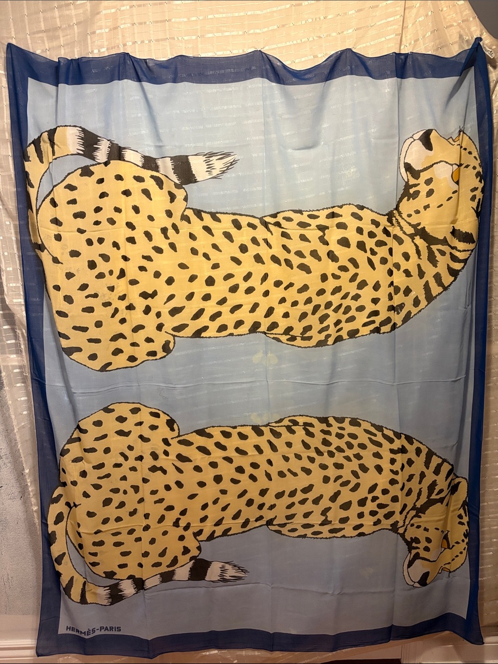 Hermès Les Leopards Large Cotton Pareo Beach Sarong Scarf Blue Yellow Y2K
